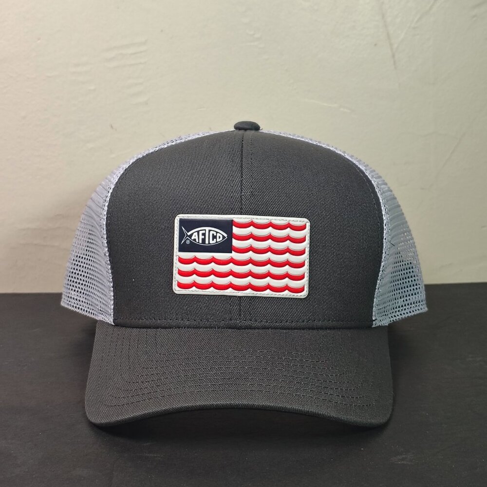 Aftco‎ Canton Mesh Trucker Hat Cap Snap Back White Grey Flag Patch Fishing Mens